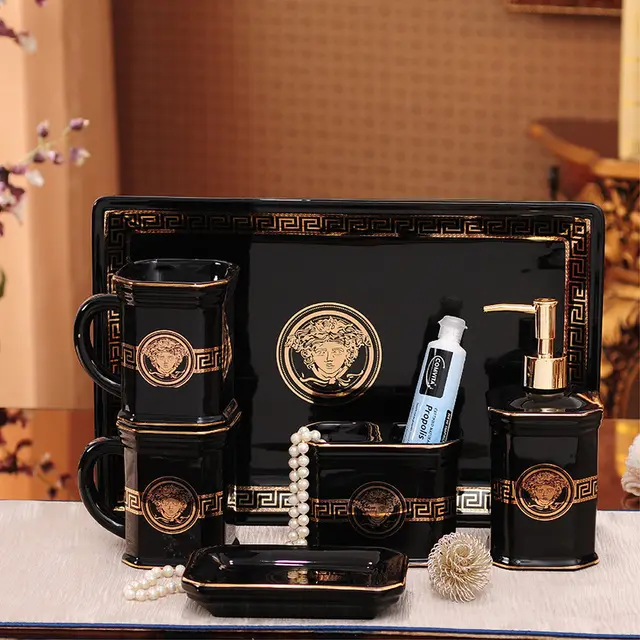 Five Pieces Of Ceramic Sanitary Ware Brushing Cup And Mouthwash Cup Set Black - Shop at LoveMi