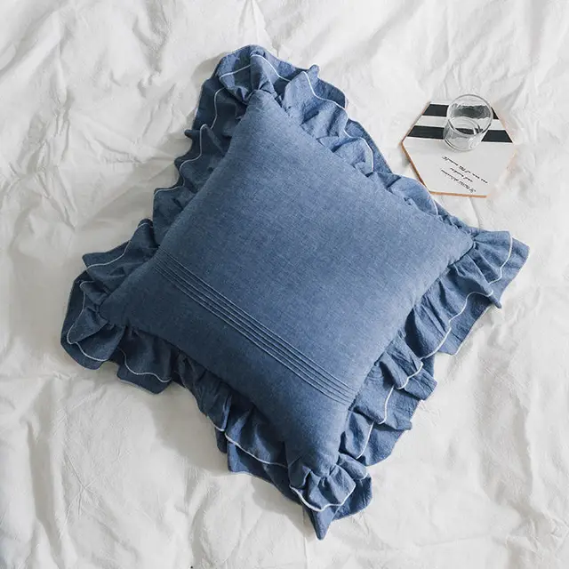 Ruffled Pure Cotton Pure Color Small Pillowcase Denim Blue - Shop at LoveMi