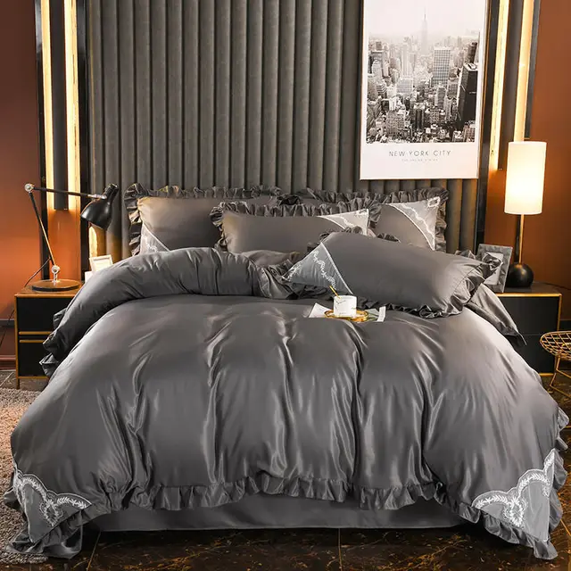 Bed Four piece Set Lace European style Double sided Silk Grey - Shop at LoveMi
