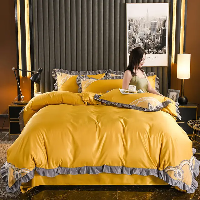 Bed Four piece Set Lace European style Double sided Silk Yellow - Shop at LoveMi