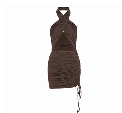 Solid Color Hanging Neck Sexy Backless Dresses Coffee - Shop at LoveMi