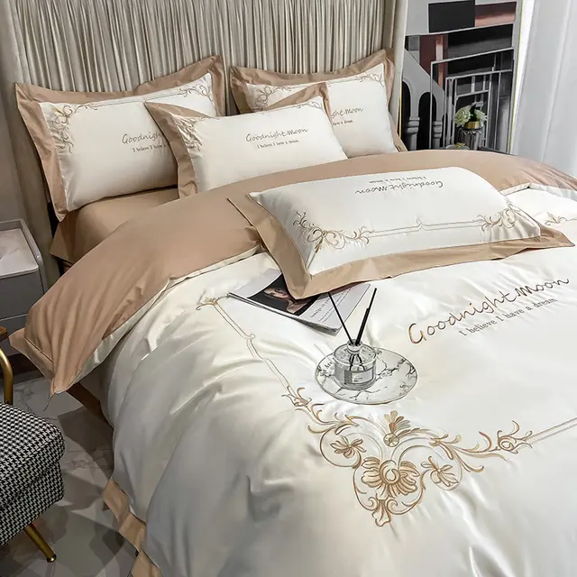 Four piece Pure Cotton Washed Silk Embroidered Bedding Set Pearl White - Shop at LoveMi