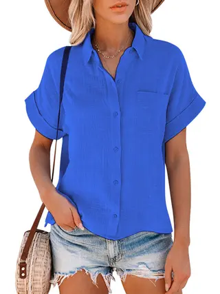 Explosive Style Cotton And Linen Shirt Short-sleeved Ladies Lapel Button-down Shirt - Navy Blue
