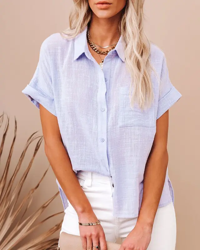 Explosive Style Cotton And Linen Shirt Short sleeved Ladies Lapel Button down Shirt Purple - Shop at LoveMi