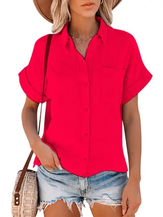 Explosive Style Cotton And Linen Shirt Short-sleeved Ladies Lapel Button-down Shirt - Red