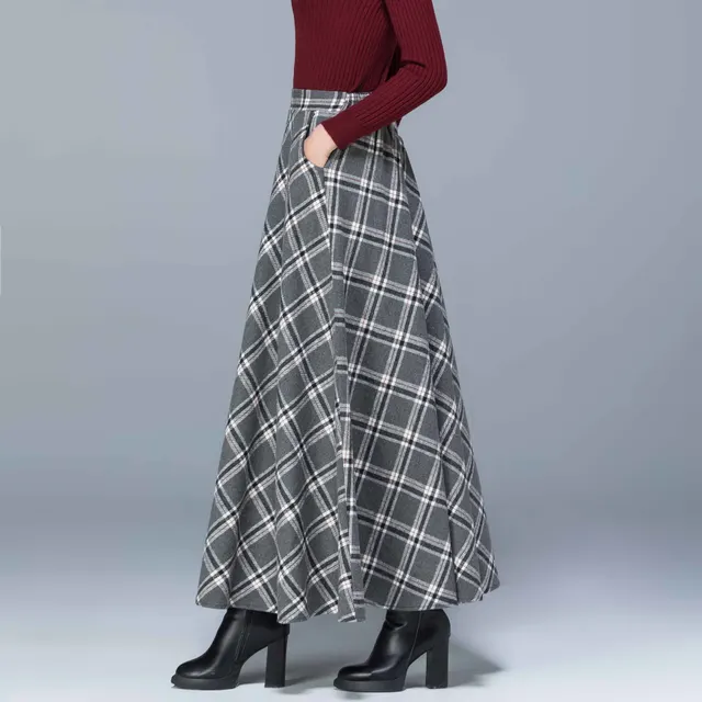 Woolen Skirt High WaistSlim Allmatch Pocket Long Skirt Elastic Waist Aline Big Skirt Gray Grid - Shop at LoveMi