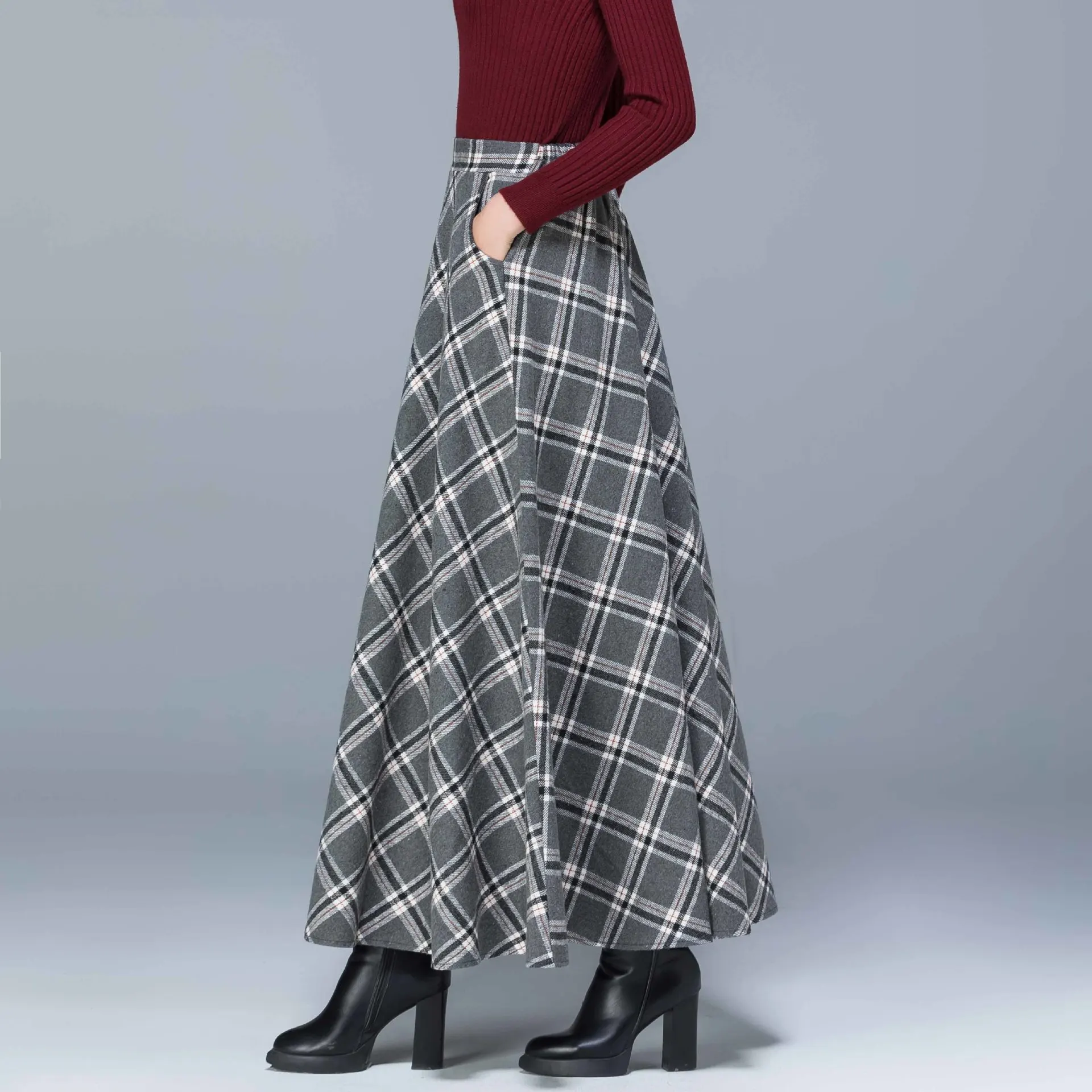 Woolen Skirt High WaistSlim Allmatch Pocket Long Skirt Elastic Waist Aline Big Skirt - Gray Grid
