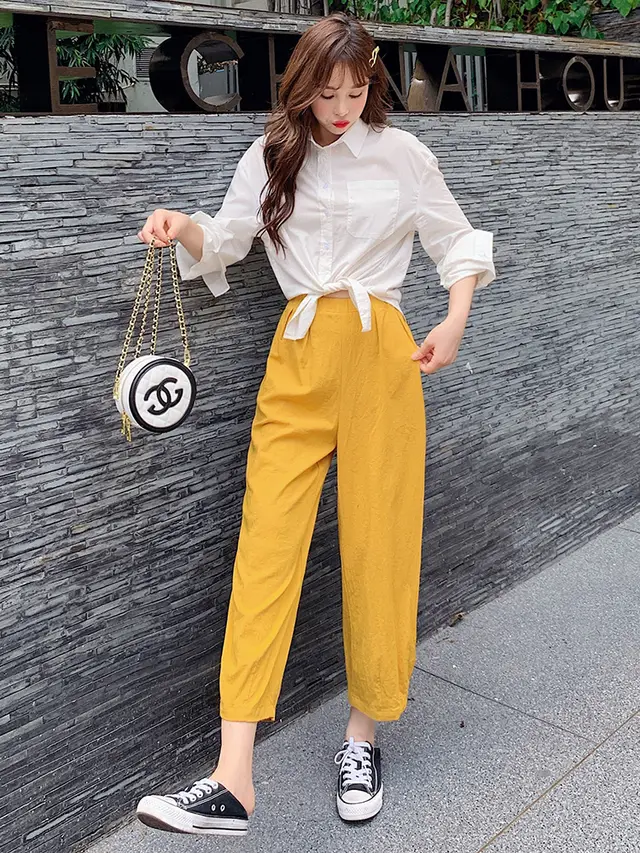 Straight High waisted Cropped Trousers Loose And Slim Casual High waisted Harem Pants Yellow - Shop at LoveMi
