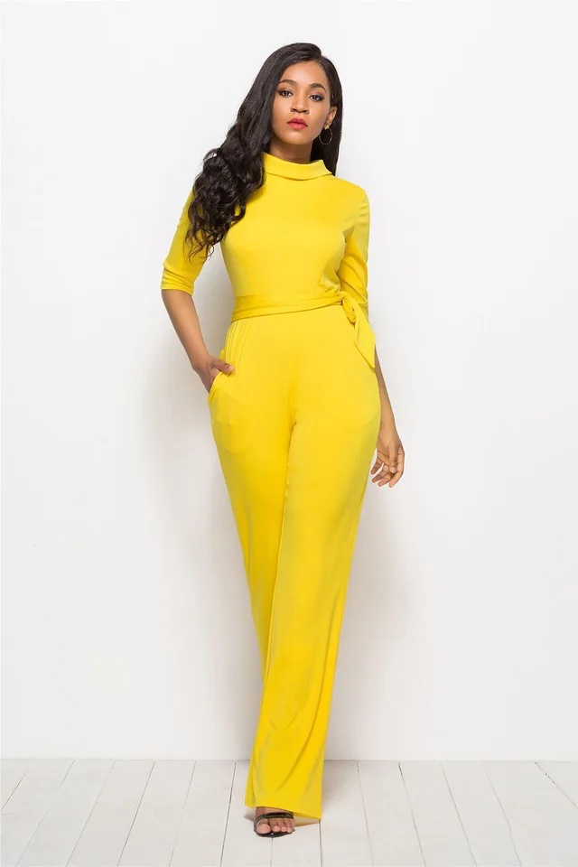 Solid Color One piece Wide leg Pants Yellow - Shop at LoveMi