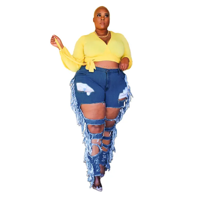 Adogirl Plus Size Side Tassel Holes Jeans Pencil Pants Women Sexy Distressed Hollow Out Tight Denim Trousers Fashion Streetwear Navy Blue - Shop at LoveMi