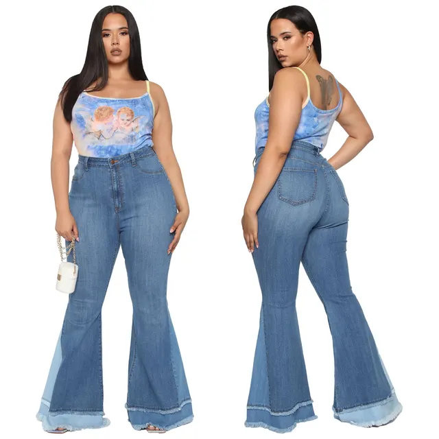 European And American Fashion All match Wide leg Color blocking Slim Stretch Flared Pants Dark Blue - Shop at LoveMi