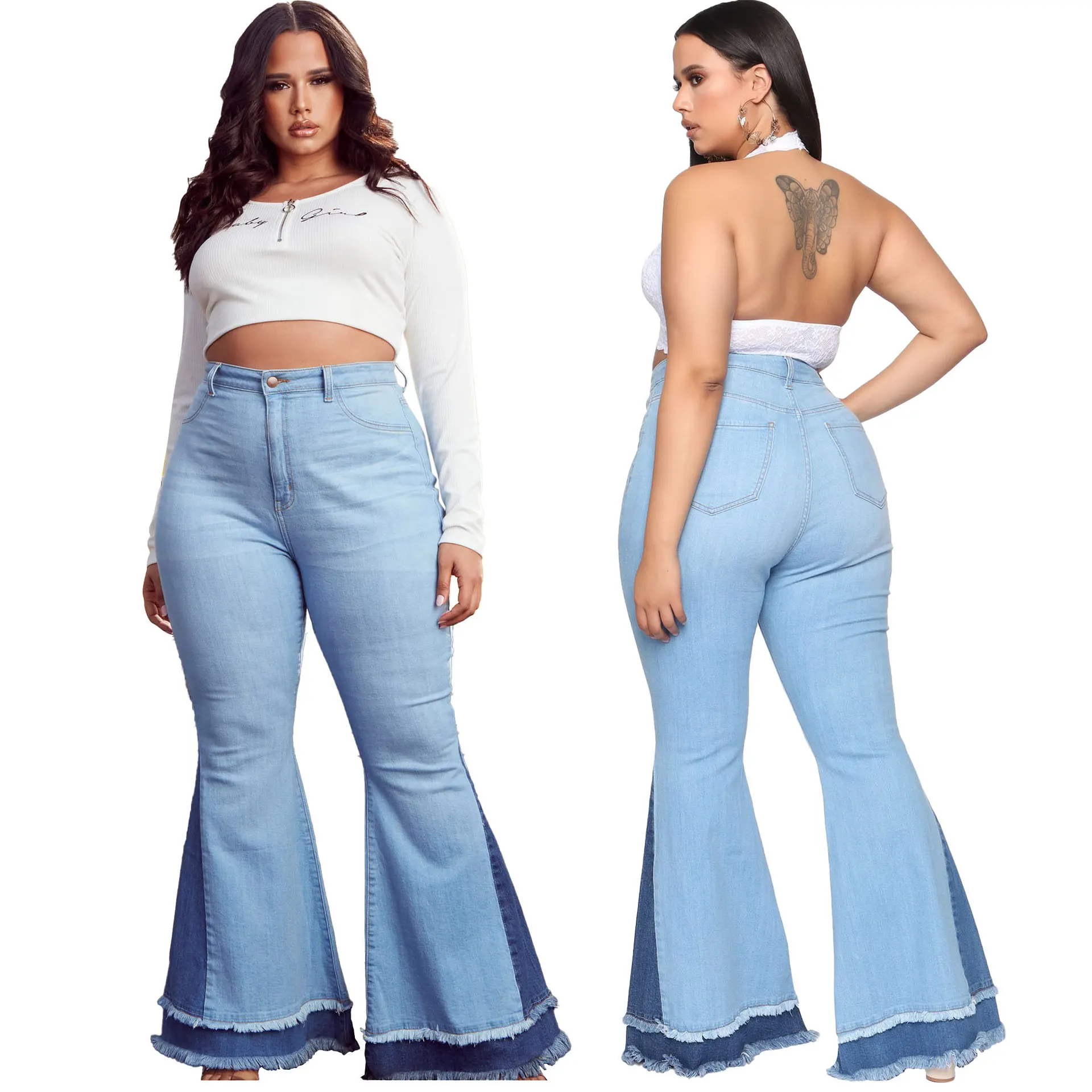 European And American Fashion All-match Wide-leg Color-blocking Slim Stretch Flared Pants - Light Blue