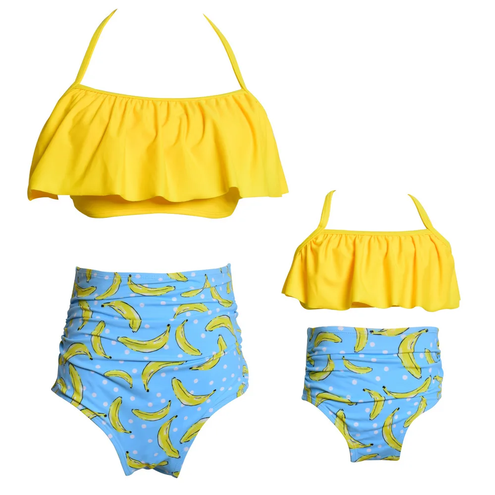 Parent-child Swimsuit Printed High Waist Bikini Ruffled Mother And Daughter Swimwear - Yellow