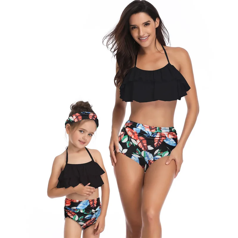 Parent child Swimsuit Printed High Waist Bikini Ruffled Mother And Daughter Swimwear Tan - Shop at LoveMi