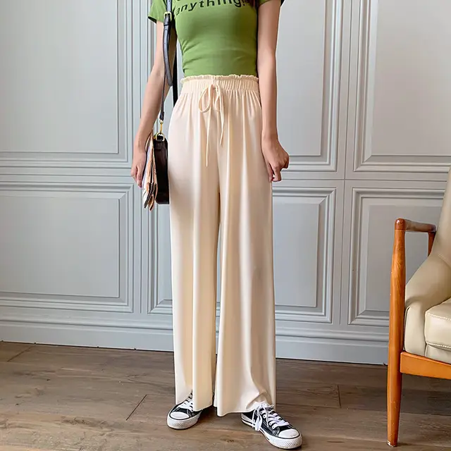 High Waist Loose Casual Ice Silk Wide leg Pants With Fungus Apricot - Shop at LoveMi