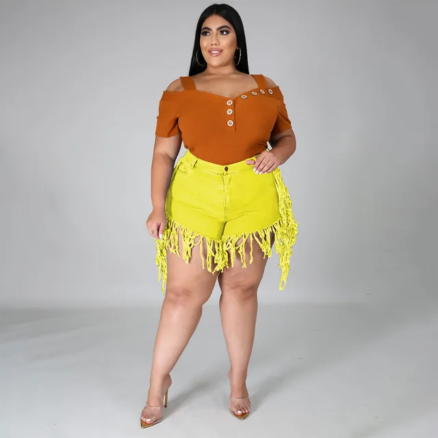 Ripped Fringed Brushed Denim Shorts Plus Size Women'S Casual Straight Leg Pants Yellow - Shop at LoveMi