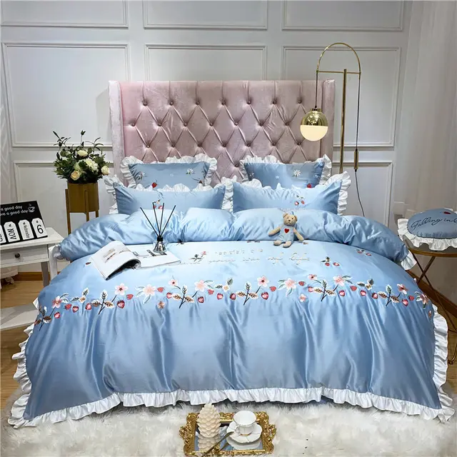 Washed Silk Four piece Embroidered Pastoral Floral Blue - Shop at LoveMi