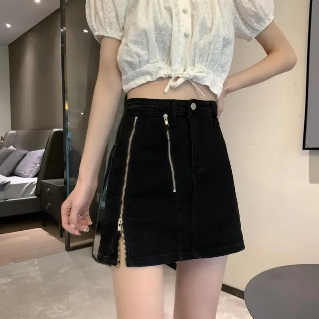 Women's Summer Design Zipper High Waist Denim Skirt Black - Shop at LoveMi