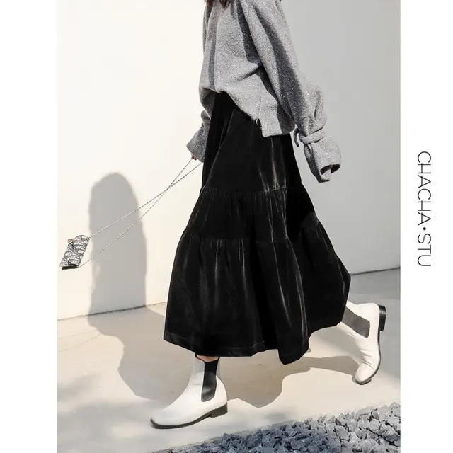 Fashion Ladies Black Thick Velvet Mid length A line Skirt Black - Shop at LoveMi