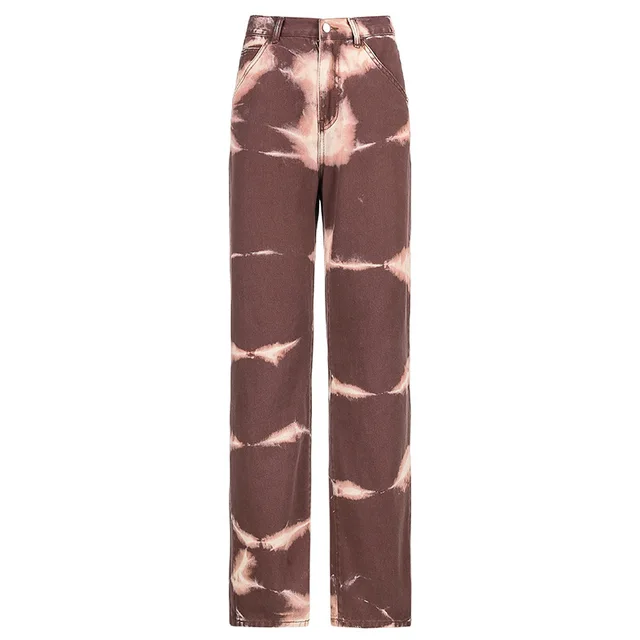 Fashion Ladies Tie Dye Drape Straight Leg Jeans Brown - Shop at LoveMi