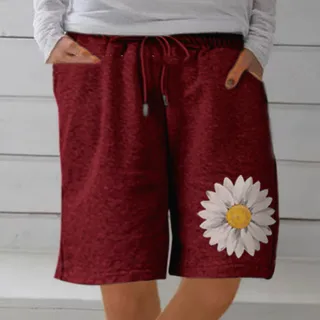 Women's Cotton And Linen Plus Size Elastic Casual Printed Shorts - Red