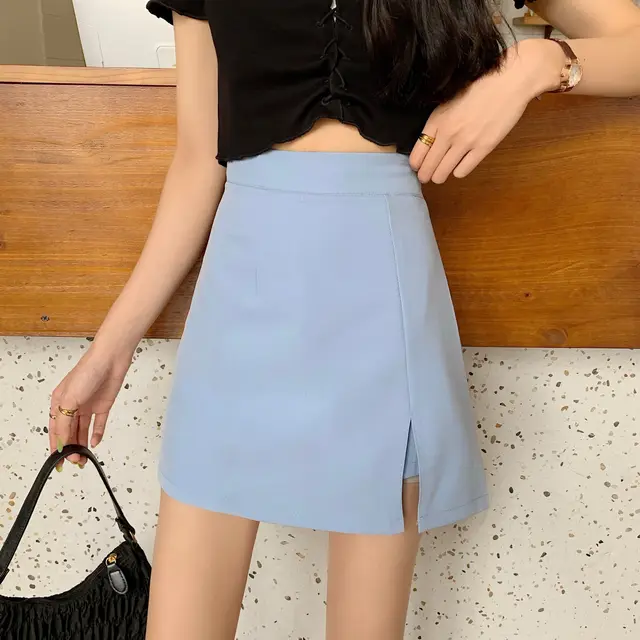 The New Slit Skirt Is Thin All match High waist Hip Skirt Blue - Shop at LoveMi