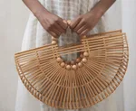 Wooden Bead Portable Woven Bag Semi-circular Clutch Beach Bag Variety Of Rattan Bags - Tan