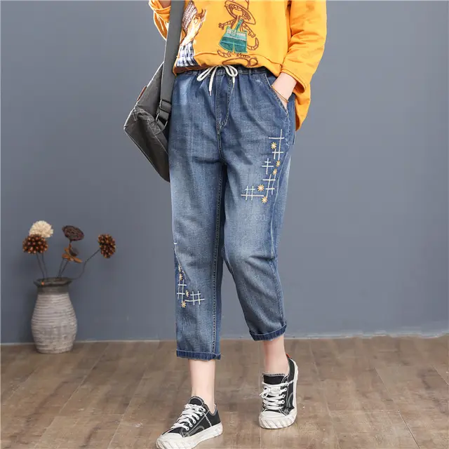 Women's Embroidered Hole Eight point Harem Pants Embroidered Flower Summer Pants Cross Flower - Shop at LoveMi