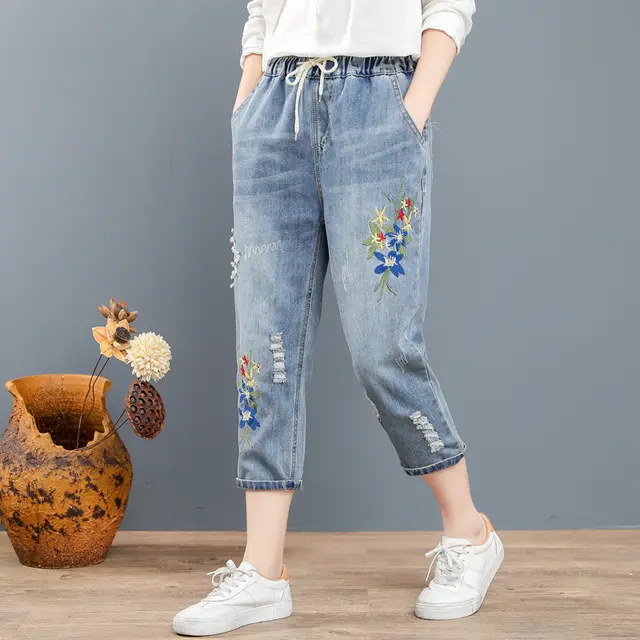 Women's Embroidered Hole Eight point Harem Pants Embroidered Flower Summer Pants Wisteria - Shop at LoveMi