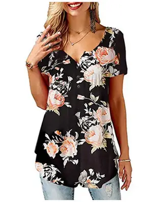 Printed V-neck T-shirt Cross-border European And American Women's Short Sleeves - 869White Flower