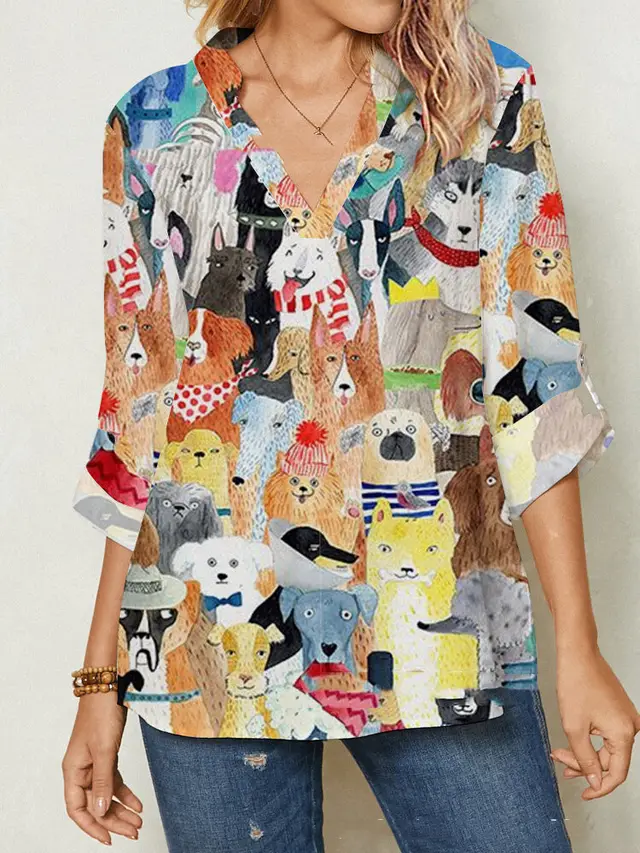Long sleeved V neck Shirt With Cartoon Animal Print For Women Yellow - Shop at LoveMi