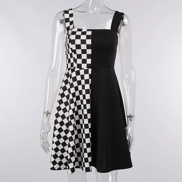 Black And White Plaid Contrast Stitching Strap Dress Female Summer Black - Shop at LoveMi