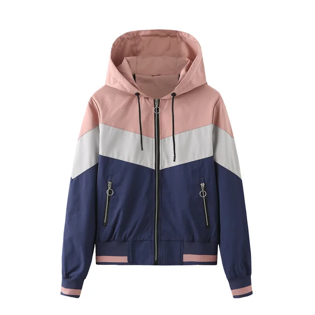 Ladies Thin Windbreaker Hooded Jacket Women Outdoor Raincoat Powder Grey Navy - Shop at LoveMi