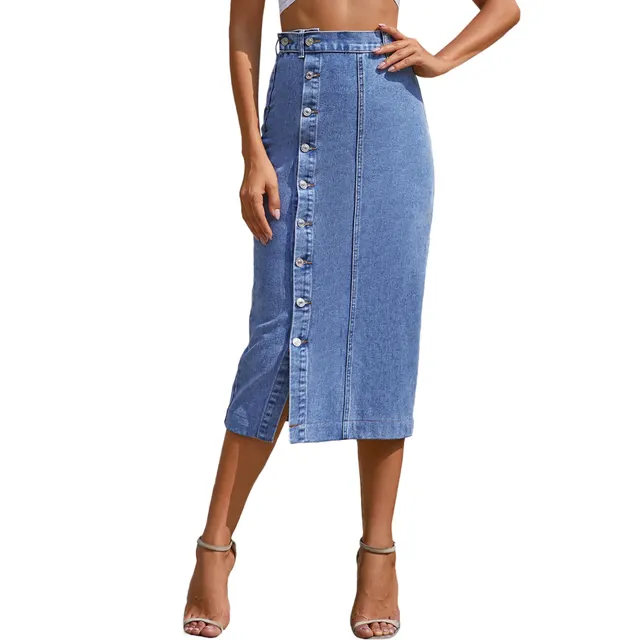 Women's Button Irregular Slit Denim High Waist Skirt Blue - Shop at LoveMi