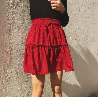 Printed Pleated Polka Dot Skirt - Red