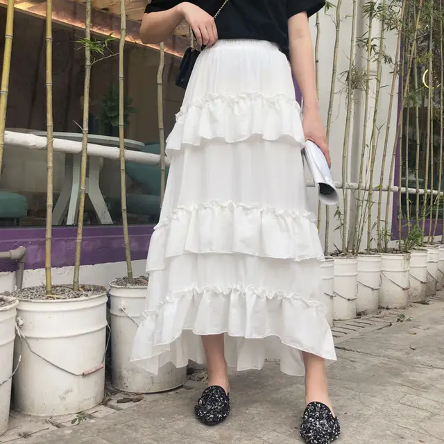 Irregular Ruffled High waisted Long Skirt With Pleated Elastic Waist Folds White - Shop at LoveMi