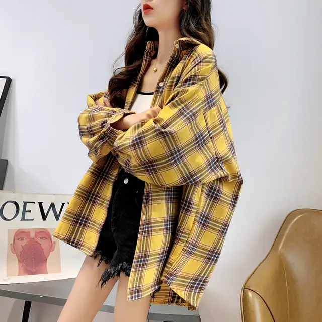 Spring And Autumn Mid length Loose Plaid Shirt Dark Yellow - Shop at LoveMi