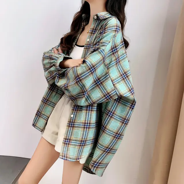 Spring And Autumn Mid length Loose Plaid Shirt Green - Shop at LoveMi