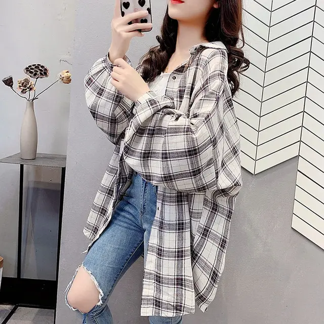 Spring And Autumn Mid length Loose Plaid Shirt White - Shop at LoveMi