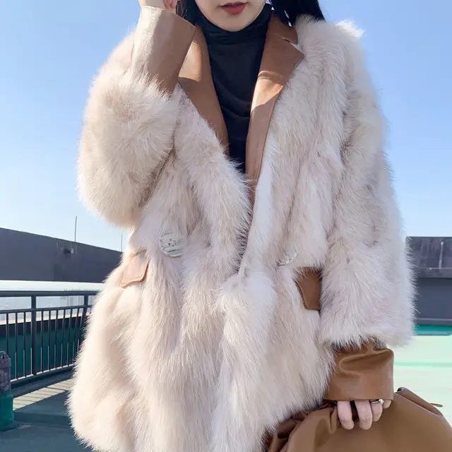 Faux Fox Fur Mid length Fur Coat Apricot - Shop at LoveMi