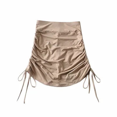 Hot Girl High Waist Short Skirt Women's Pleated Side Drawstring Tight fitting Hip Skirt Khaki - Shop at LoveMi