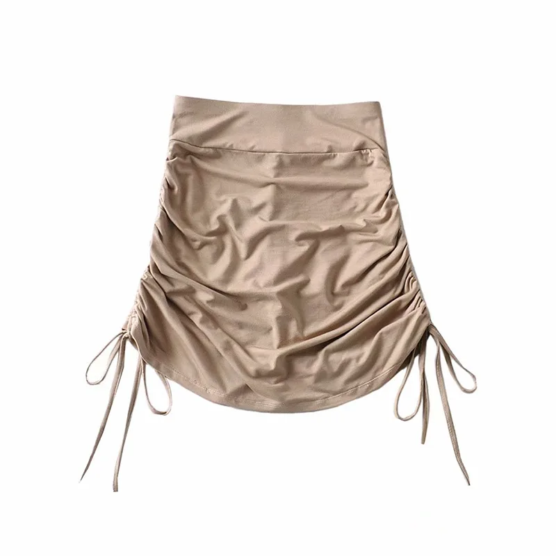 High Waist Short Skirt Women's Pleated Side Drawstring Tight fitting Hip Skirt Khaki - Shop at LoveMi