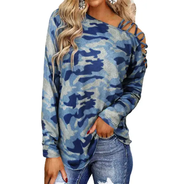 Camouflage Printed Shoulder Straps Cross neck Long sleeved T shirt Women Blue - Shop at LoveMi