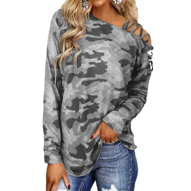 Camouflage Printed Shoulder Straps Cross neck Long sleeved T shirt Women Grey - Shop at LoveMi