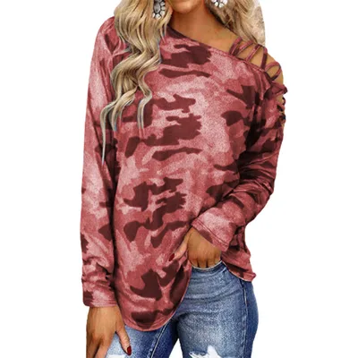 Camouflage Printed Shoulder Straps Cross neck Long sleeved T shirt Women Red - Shop at LoveMi