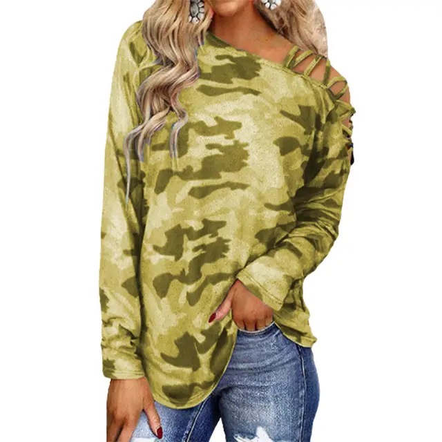 Camouflage Printed Shoulder Straps Cross neck Long sleeved T shirt Women Yellow - Shop at LoveMi