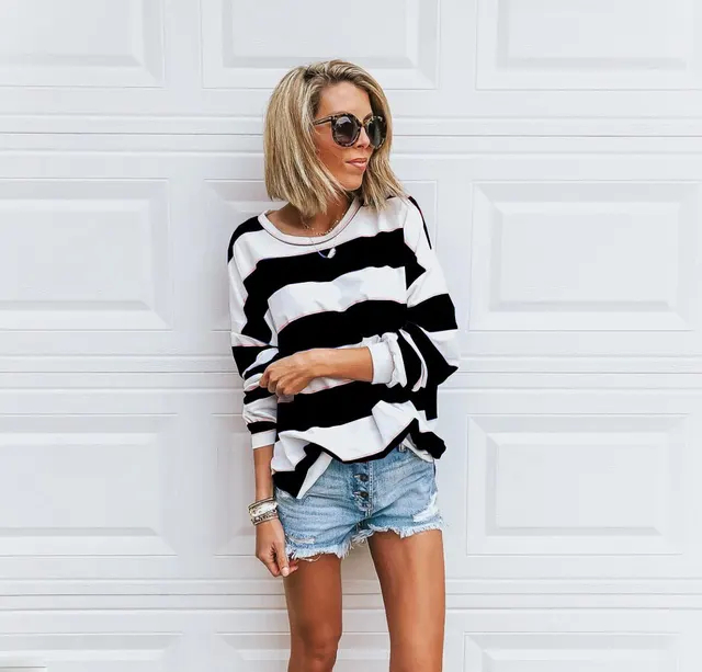 Women's Loose Round Neck Long Sleeve Printed Striped T shirt Top Black - Shop at LoveMi