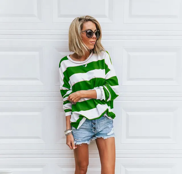 Women's Loose Round Neck Long Sleeve Printed Striped T shirt Top Green - Shop at LoveMi