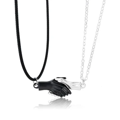 Palm Couple Necklace Magnet Attracts Handshake Clavicle Chain Necklace Black Silver - Shop at LoveMi