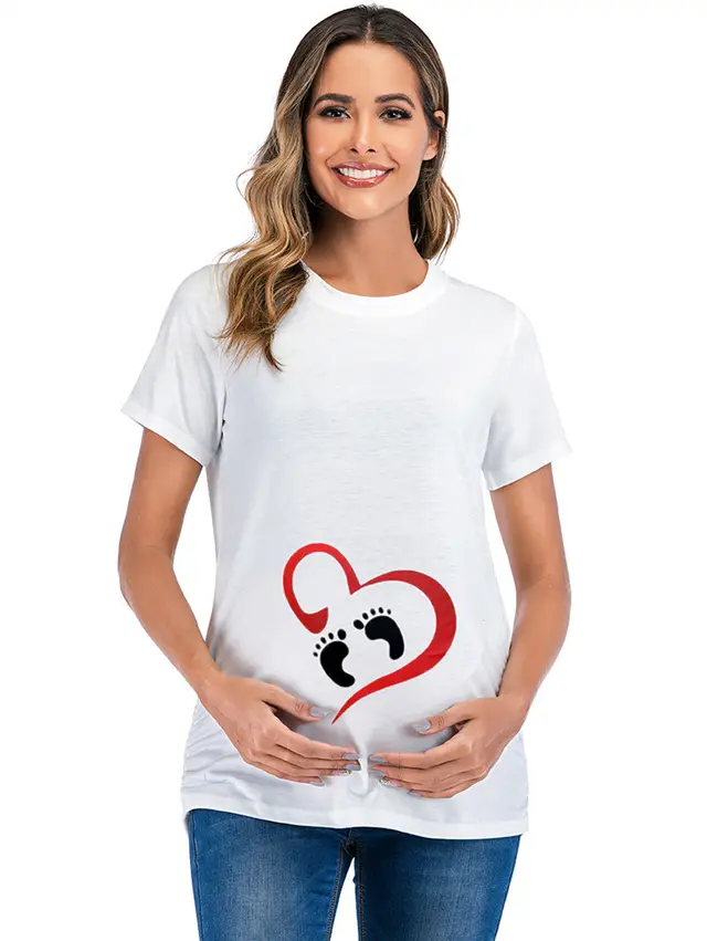Ankle Print Round Neck Mid Length Maternity Blouse White - Shop at LoveMi